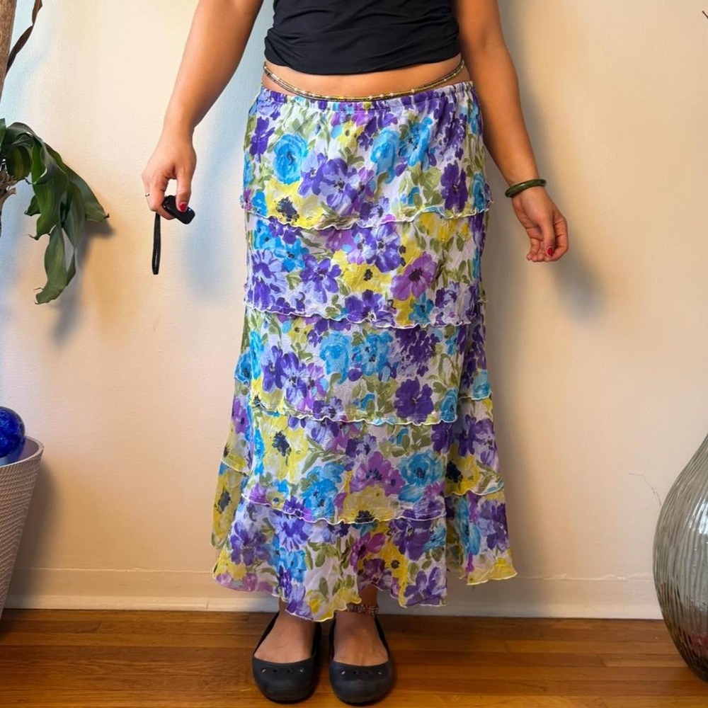 Drapers & Damons XL Teal Floral Tiered Maxi Skirt Y2K Boho Fairycore